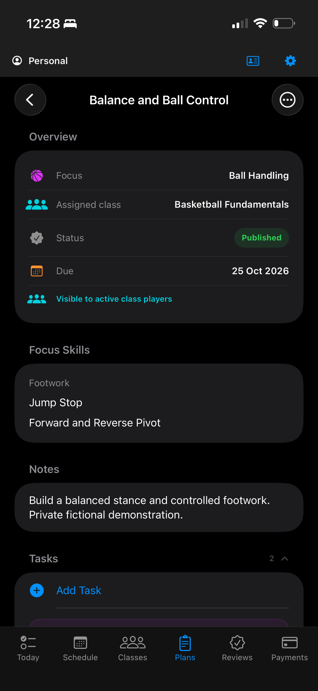 Coach Personal published plan showing its assigned class, focus skills and notes.