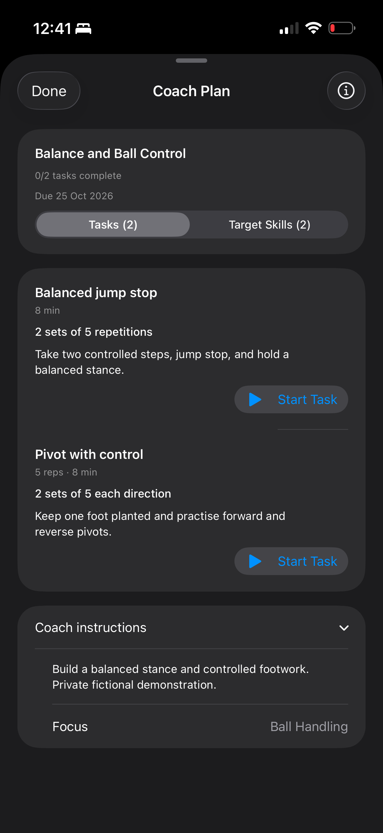 Player plan detail showing two training tasks and coaching instructions.