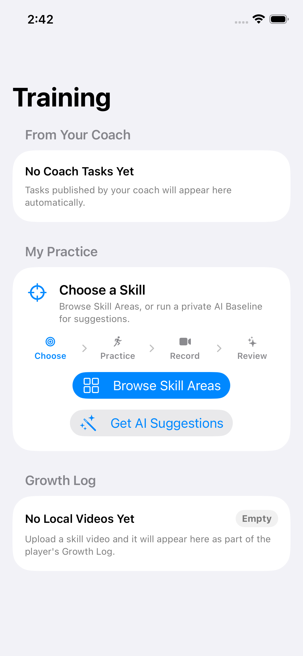 Player Training app capture from September 2026 showing coach tasks, skill selection and a growth log.